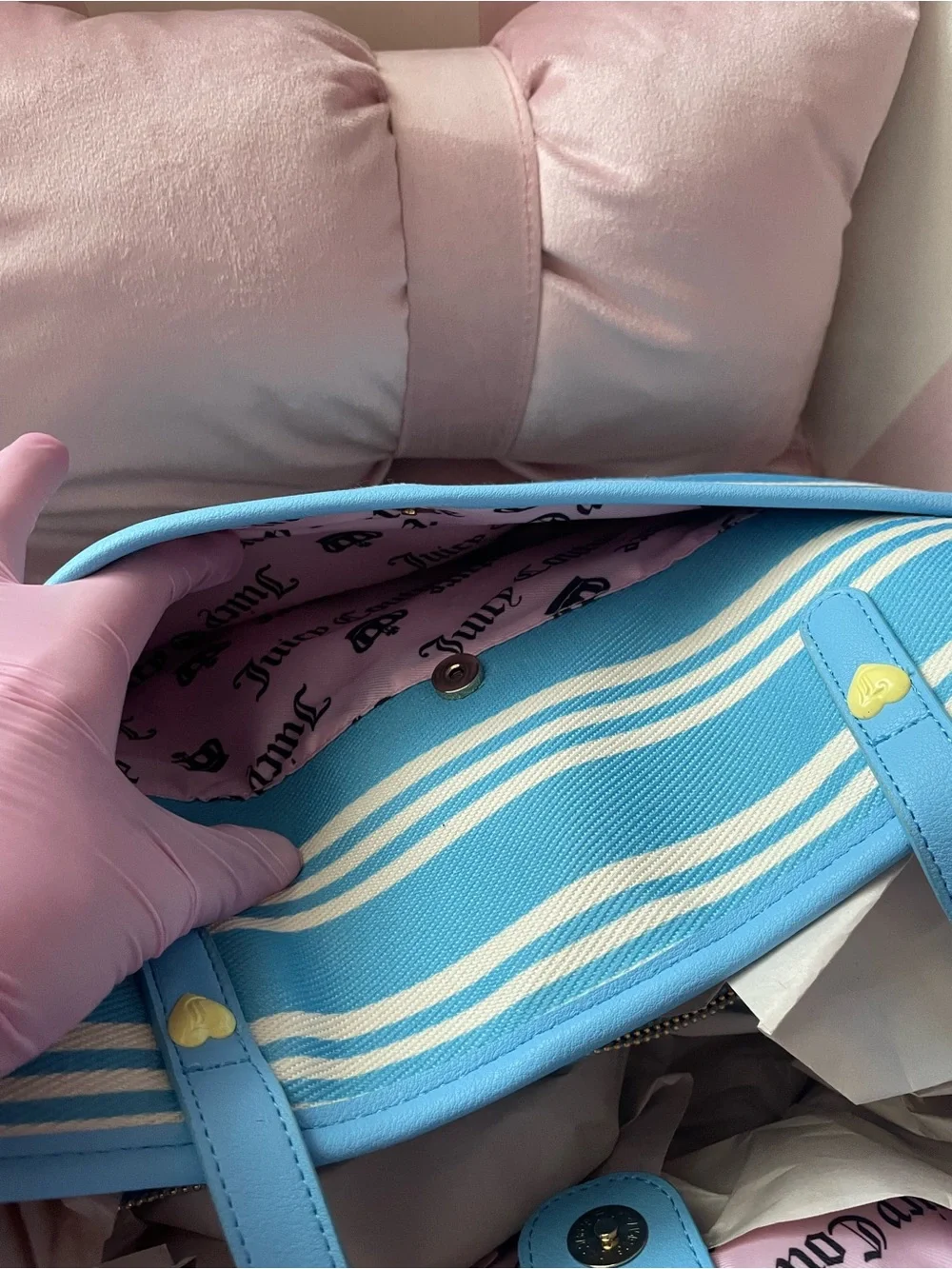 Juicy Couture Blue and Yellow Striped Tote with Yellow Coin Pouch